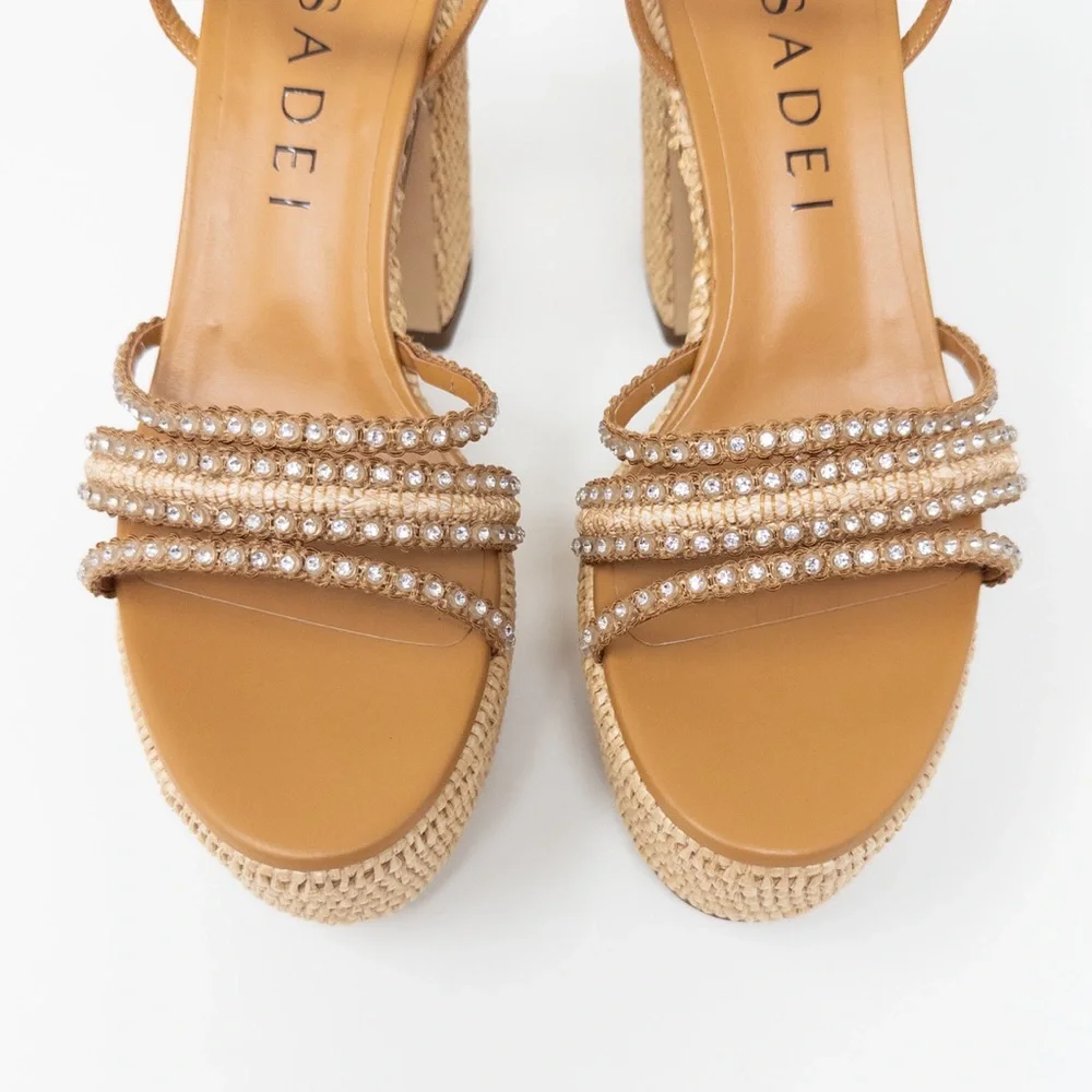 NEW Casadei Limelight Platform Sandals (Sz 38.5) Chunky Heel Crystal Raffia